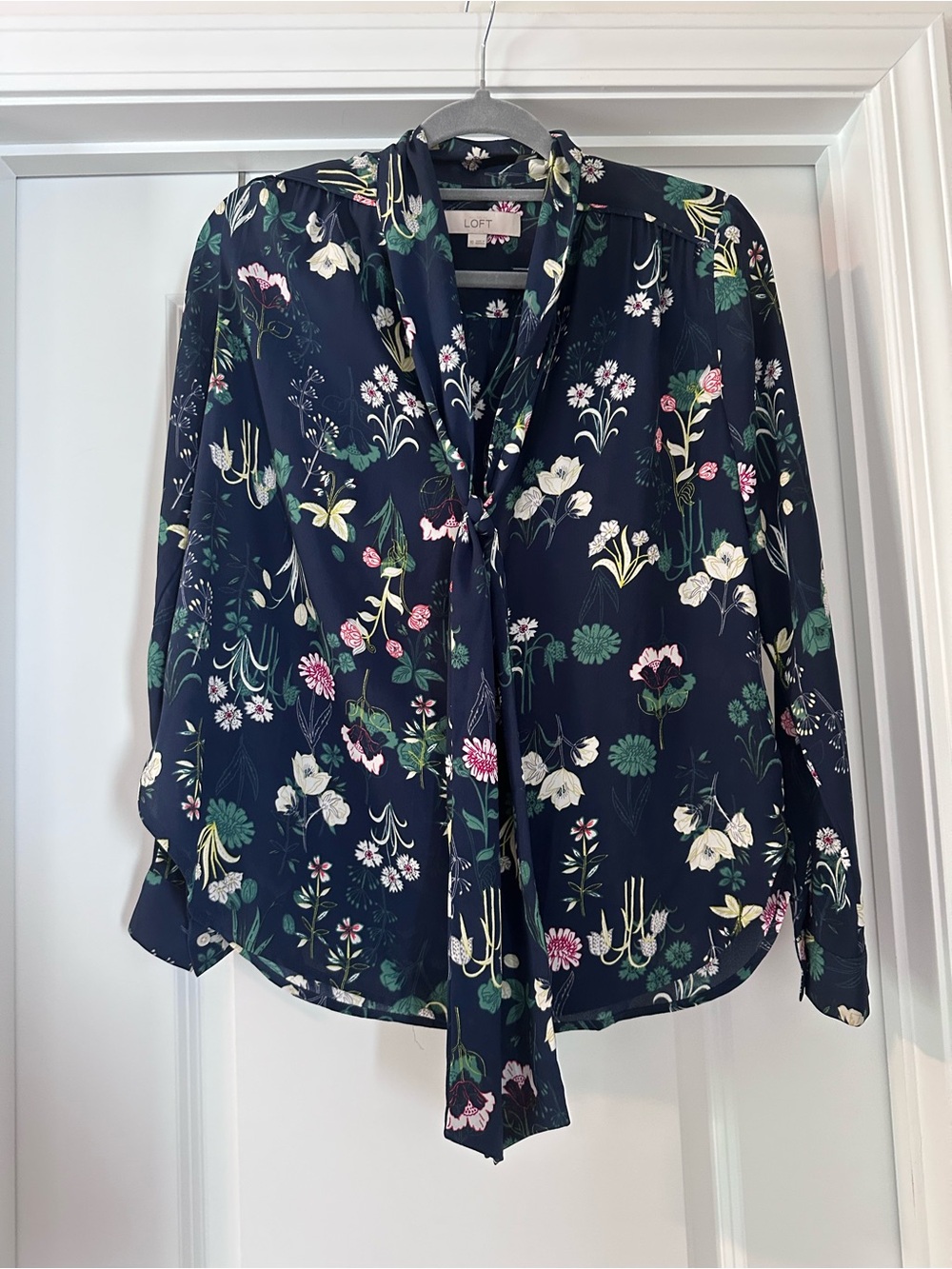 LOFT Navy Floral Tie-Neck Blouse with Green and Pink Accents